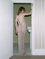 Silver Rhinestone Drape Maxi Dress
