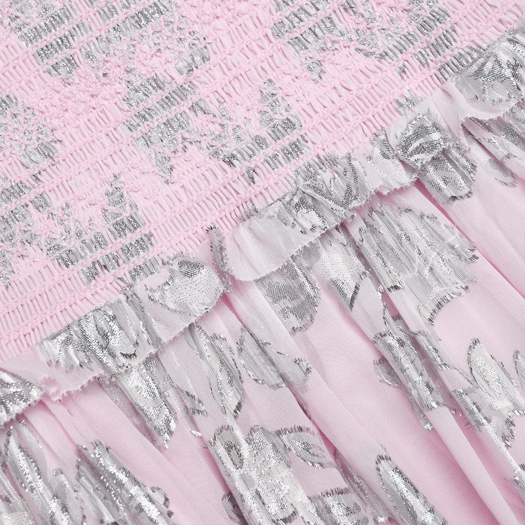 Pink Metallic Chiffon Flower Maxi Dress