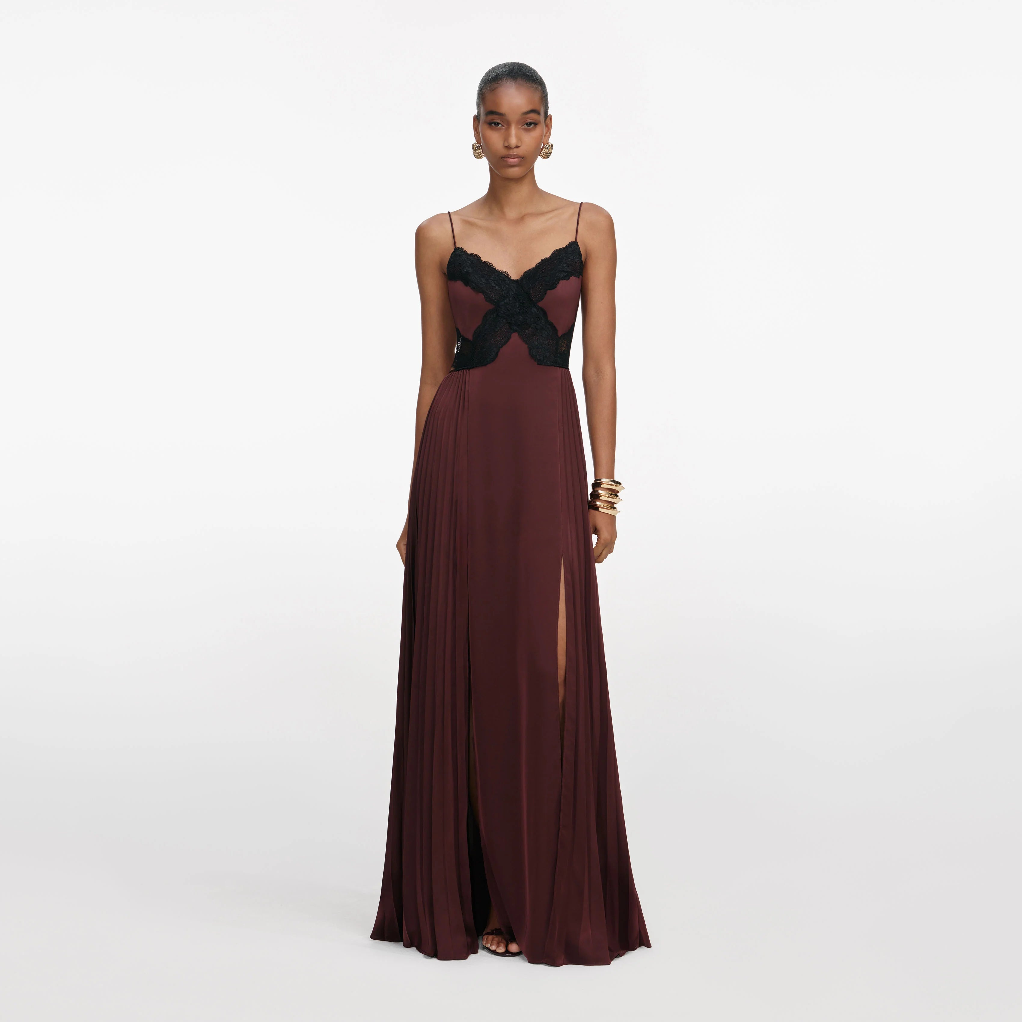 Brown Satin Lace Maxi Dress