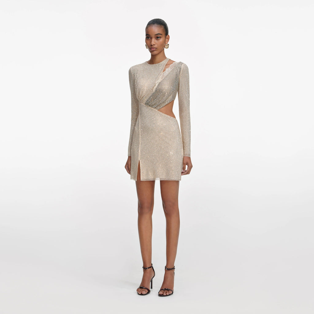 Champagne Rhinestone Lace Trim Mini Dress