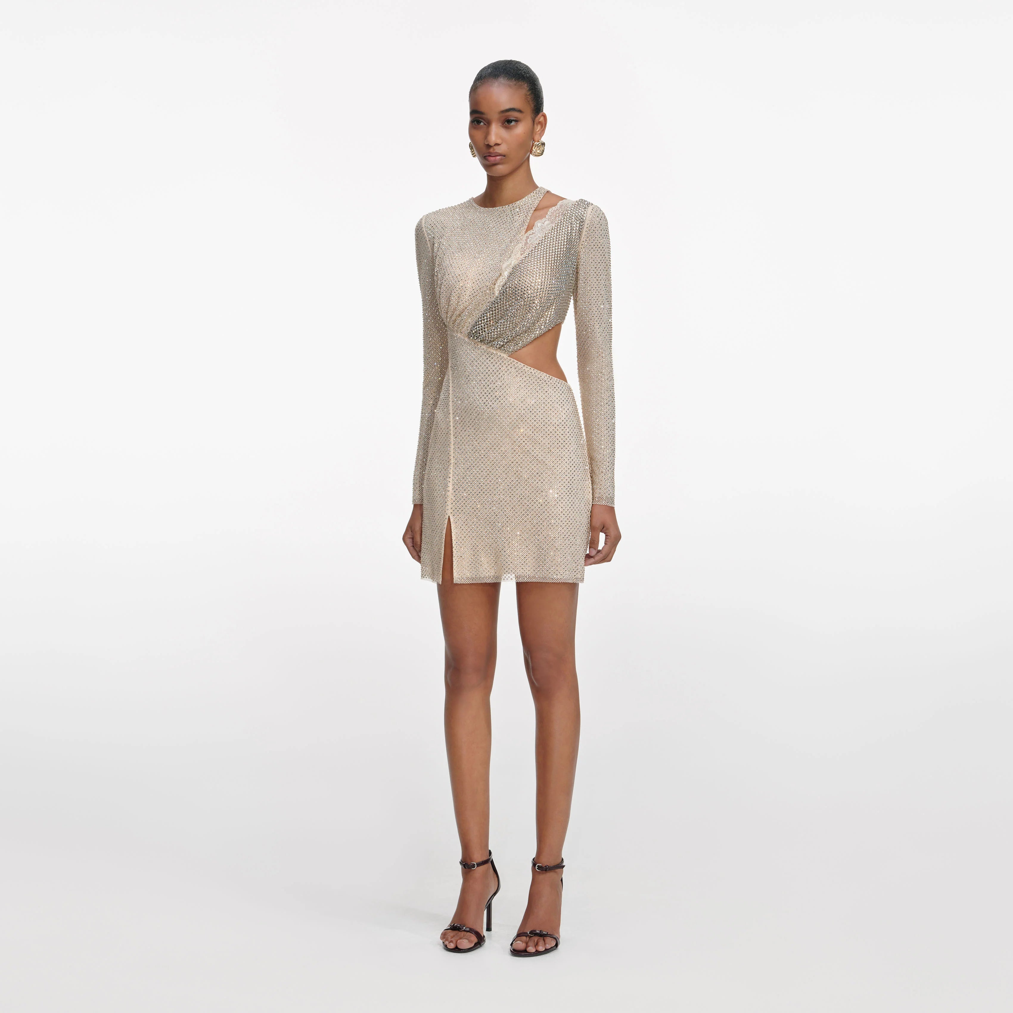 Champagne Rhinestone Lace Trim Mini Dress