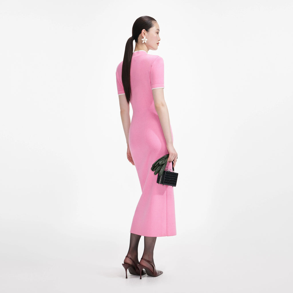Pink Crochet Flower Knit Midi Dress