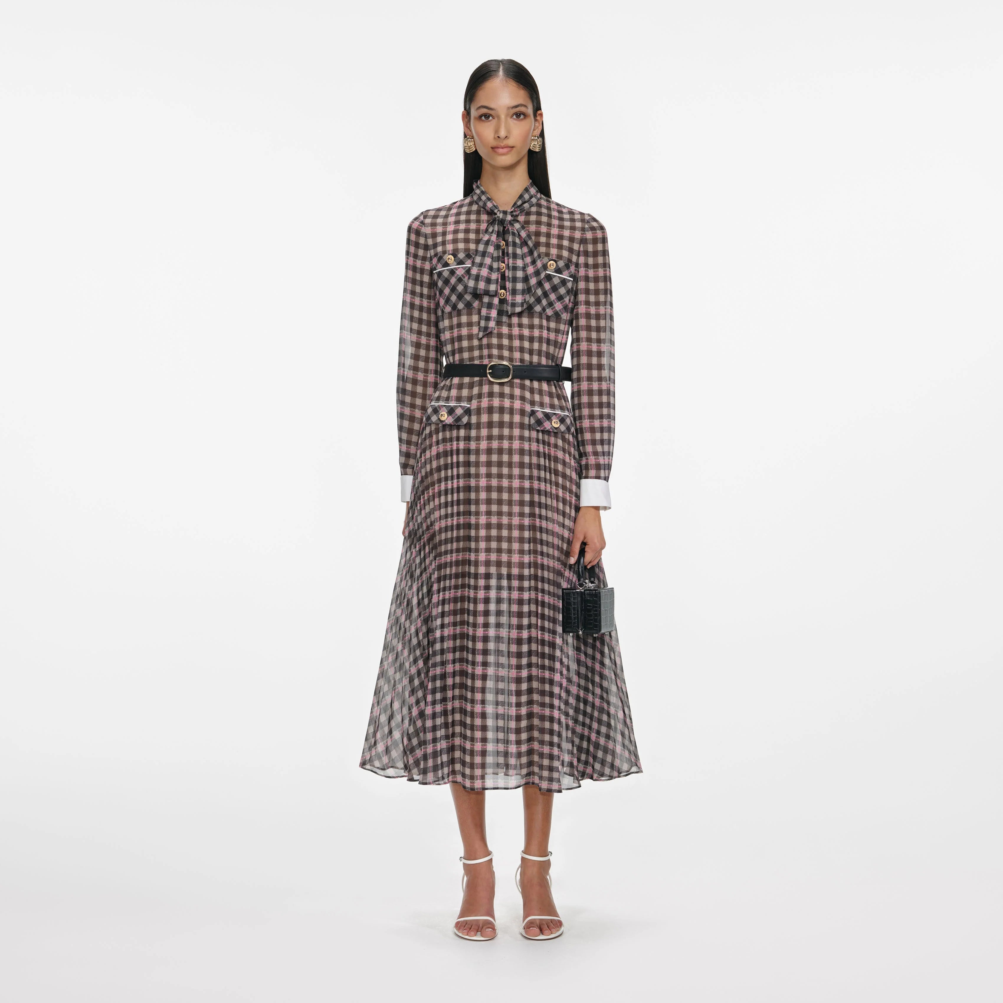 Brown Check Chiffon Midi Dress