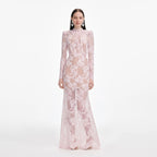 Pale Pink Rhinestone Lace Maxi Dress