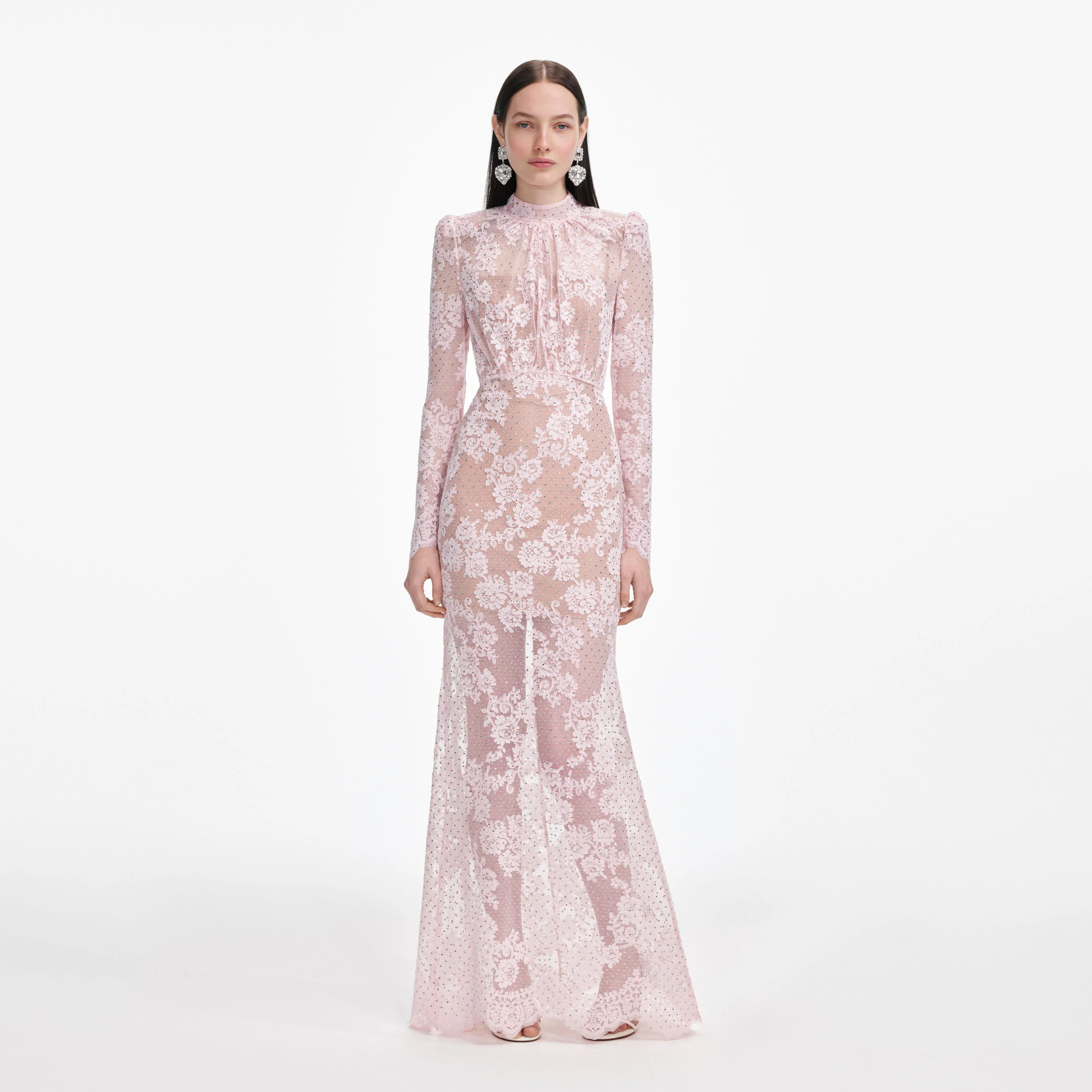 Pale Pink Rhinestone Lace Maxi Dress