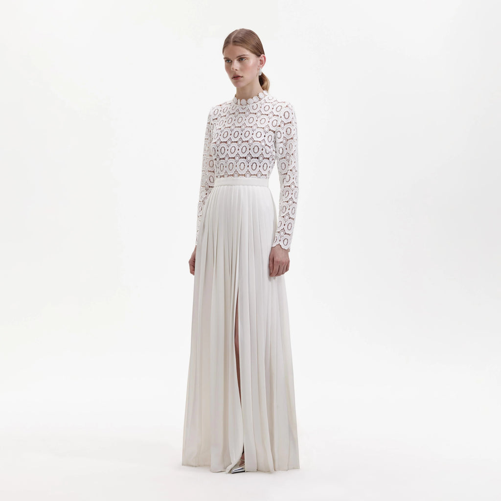 Pleated Crochet Floral Maxi Dress