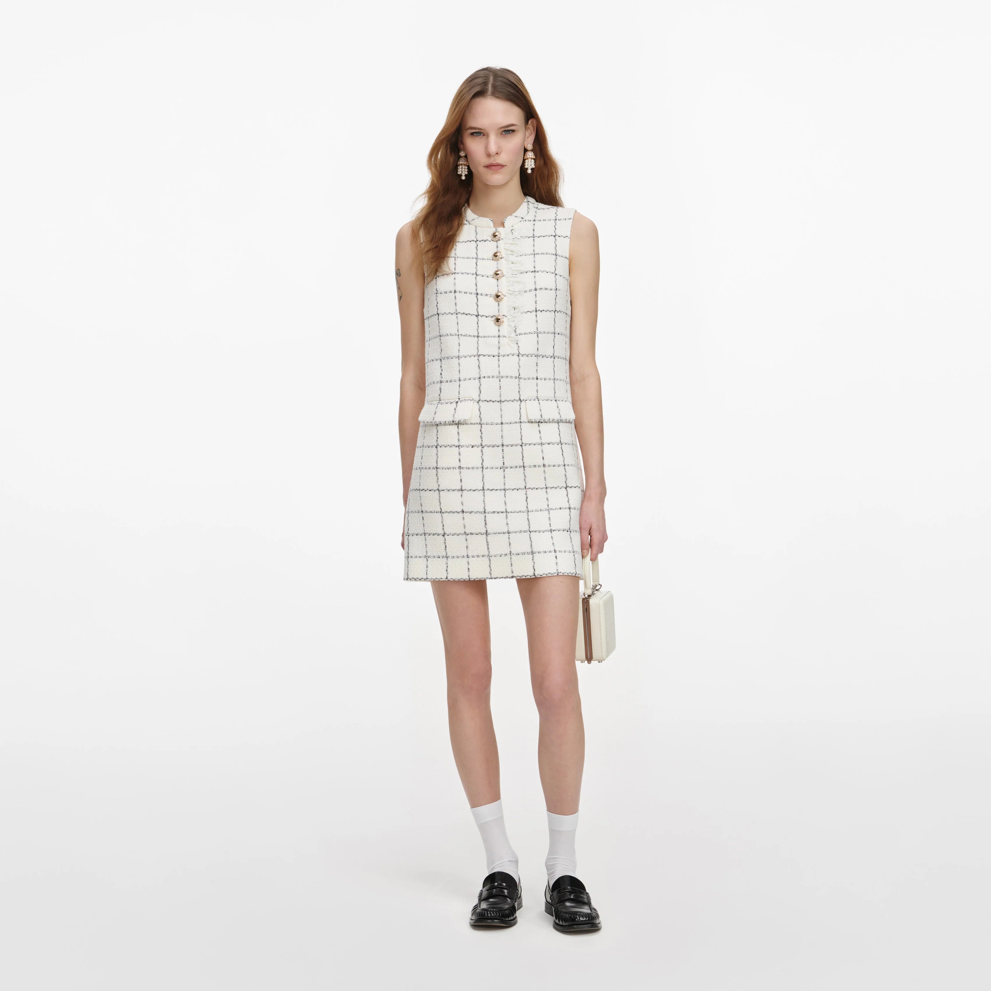 Check Boucle Lace Trim Mini Dress