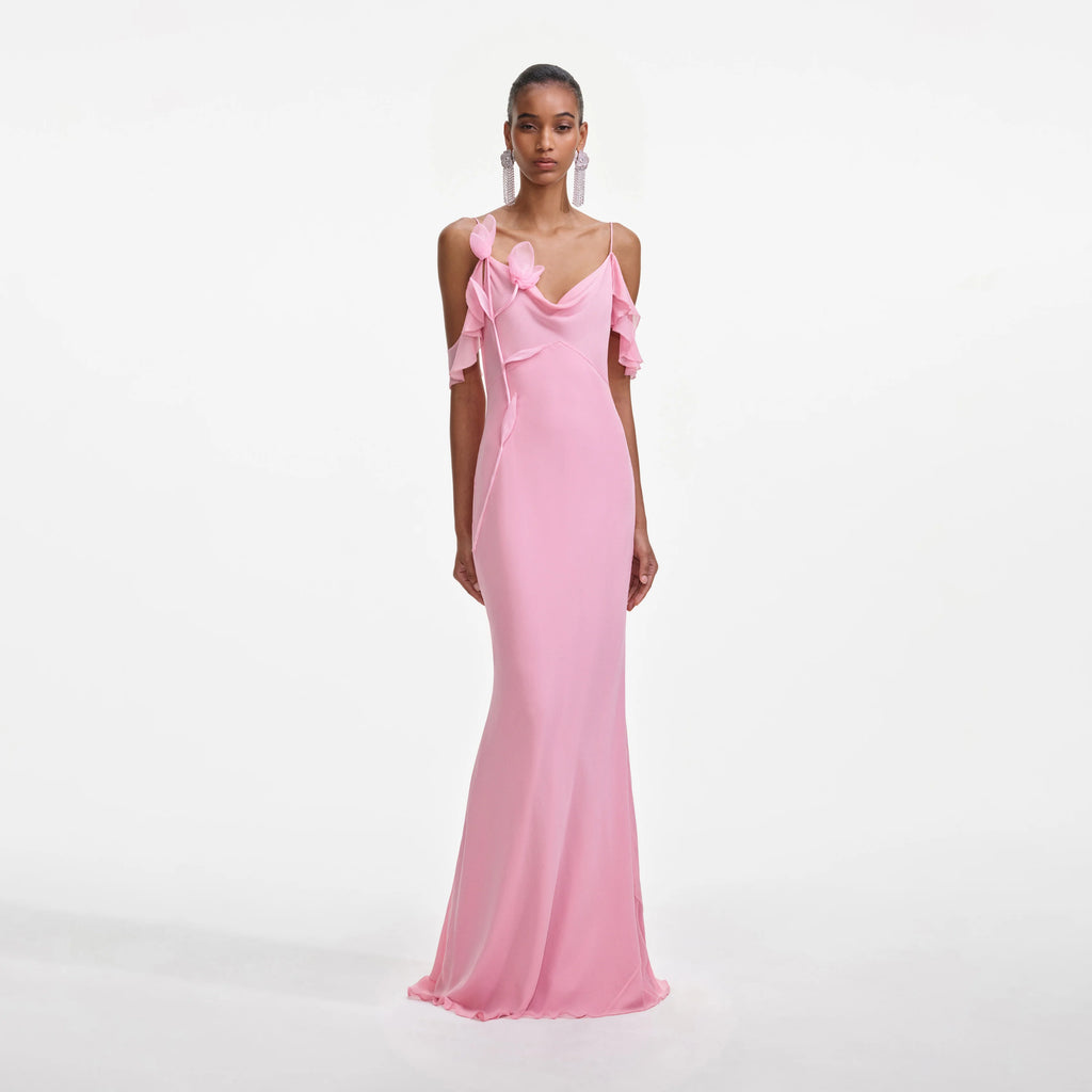 Pink Georgette Flower Maxi Dress