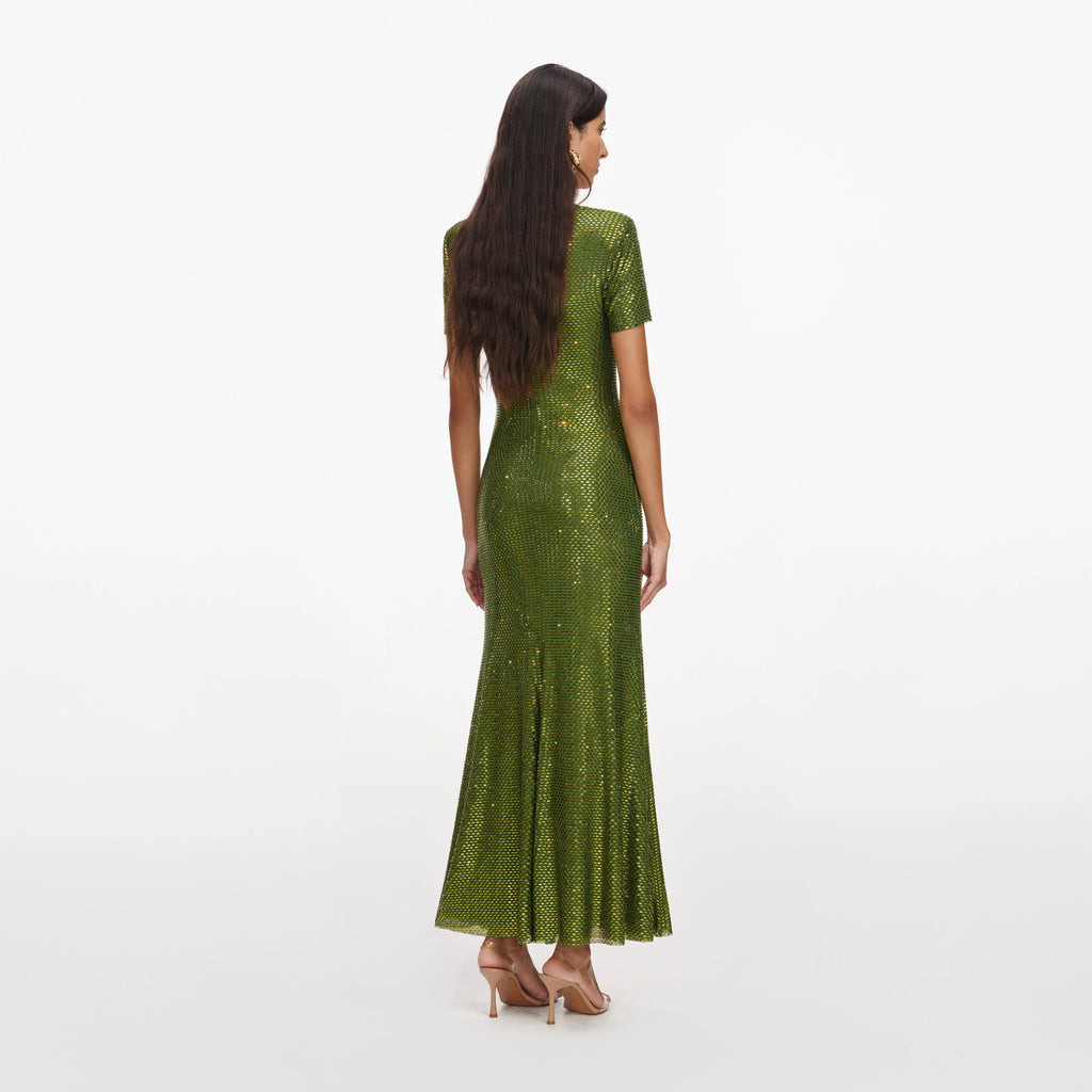 Olive Rhinestone Mesh Midi Dress
