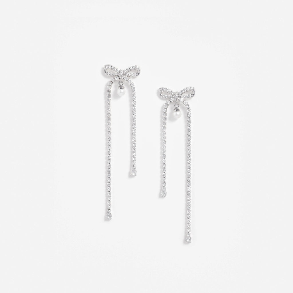 Crystal Bow Pearl Dangle Earrings