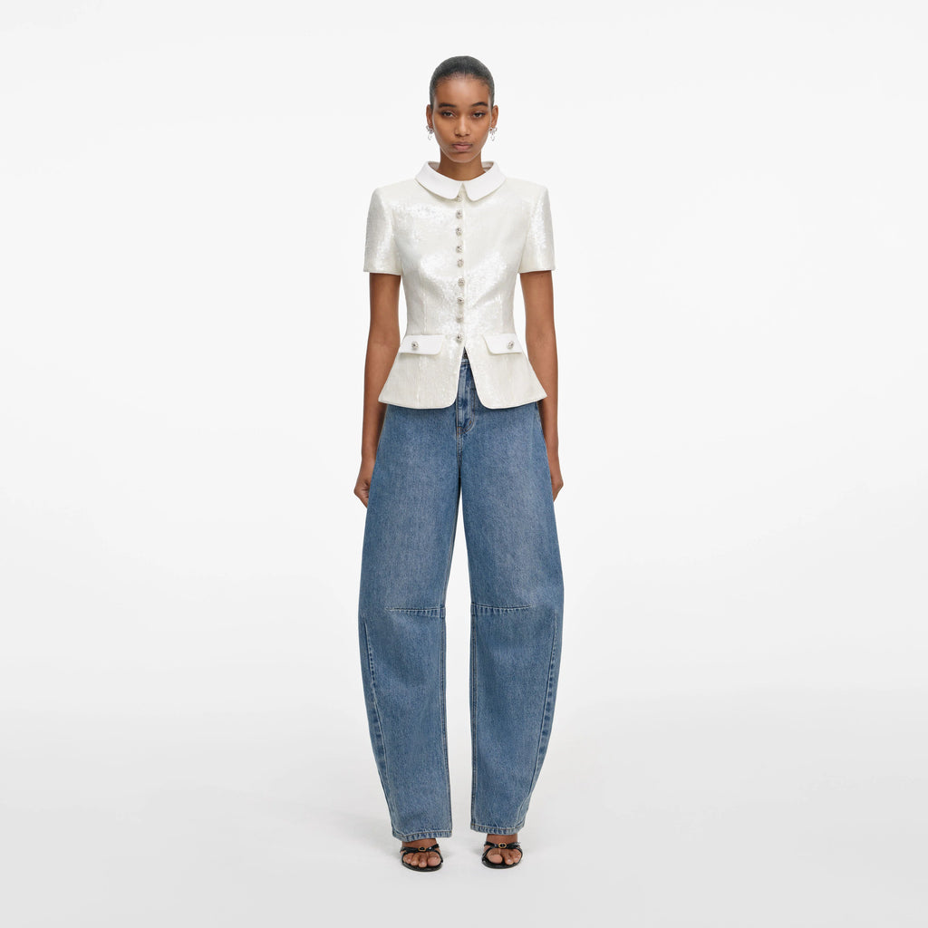 White Sequin Tailored Top
