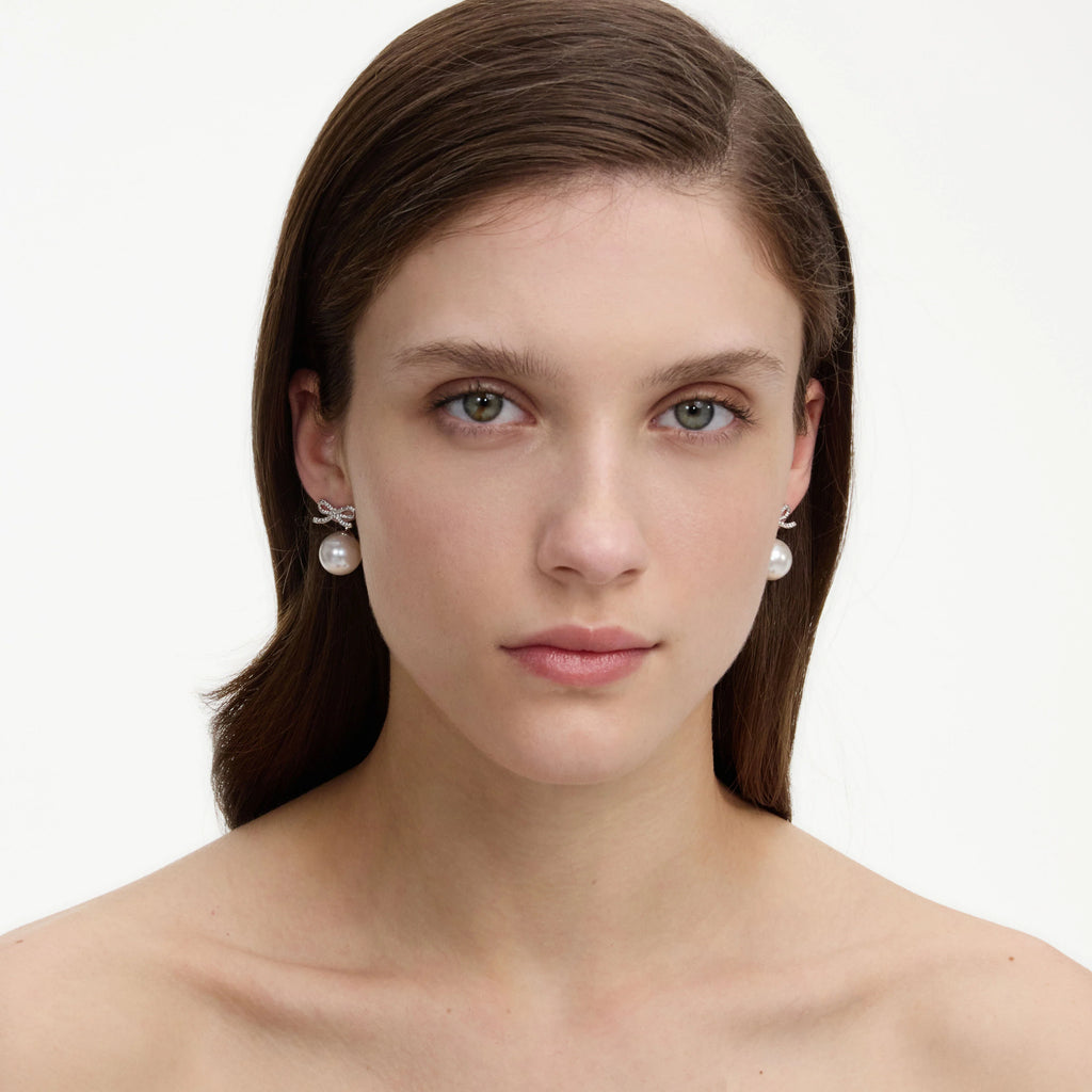 Crystal Bow Pearl Back Earrings