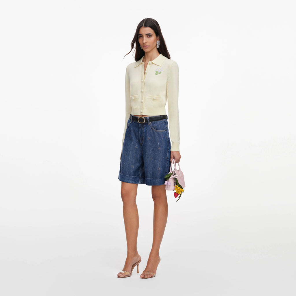 Yellow Flower Embroidered Knit Cardigan