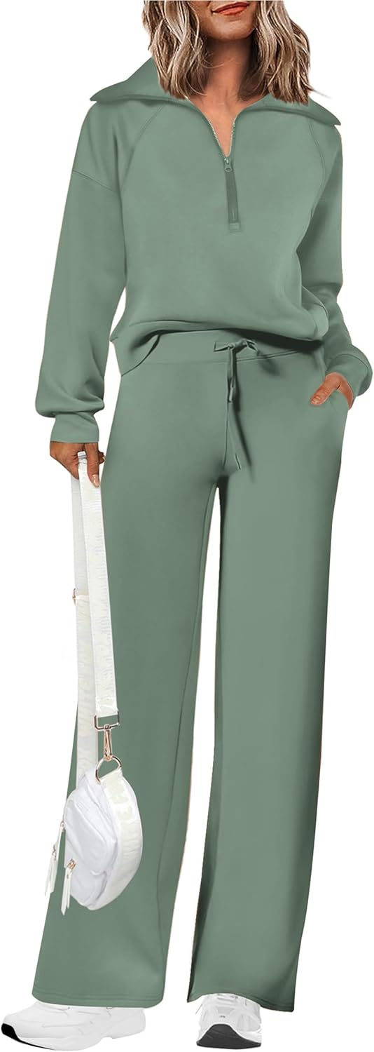 Women's 2 Piece Outfits Casual Lapel Half Zip Sweatshirts and Wide Leg Pants Tracksuit Sets