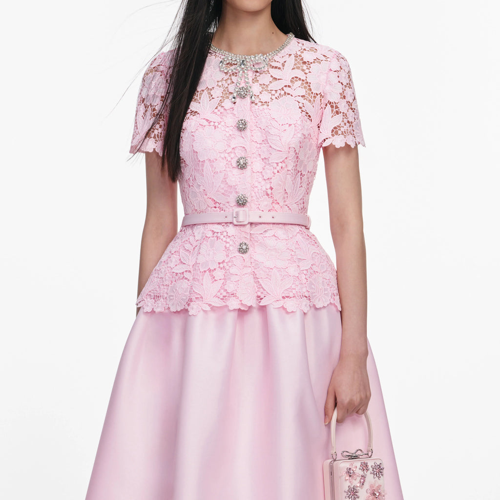 Pink Lace Taffeta Midi Dress
