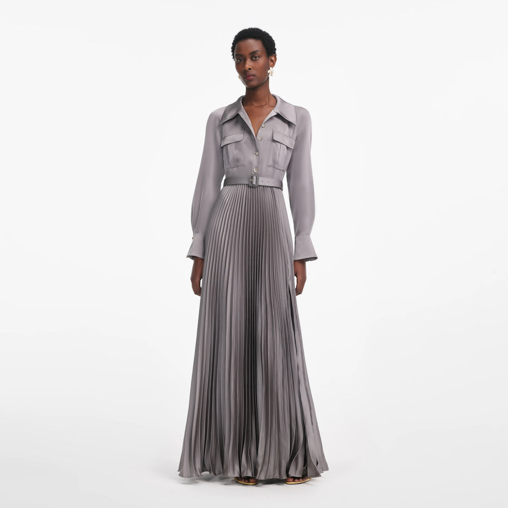 Grey Satin Pleated Maxi Dress