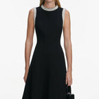Black Crepe Pearl Trim Midi Dress