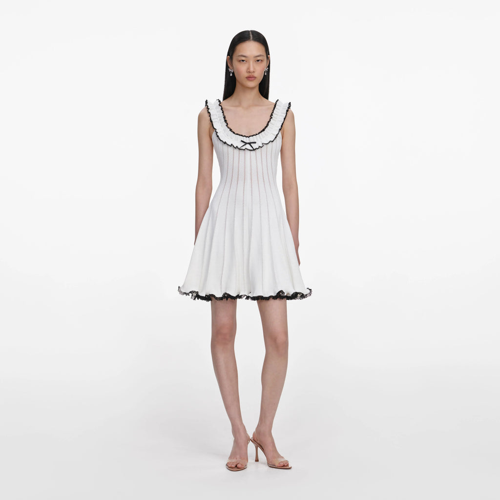 White Contrast Trim Knit Mini Dress