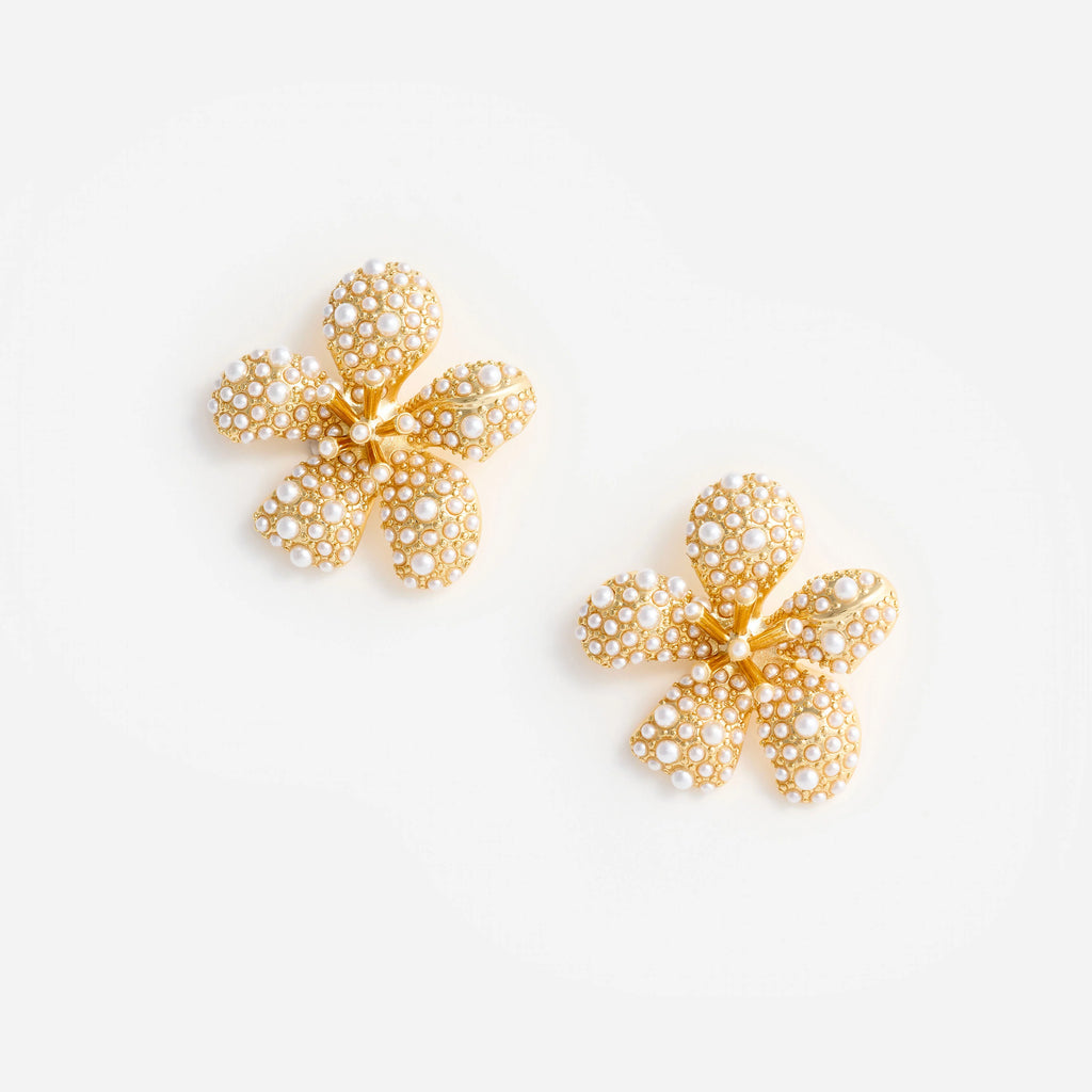 Gold Pearl Encrusted Flower Earrings