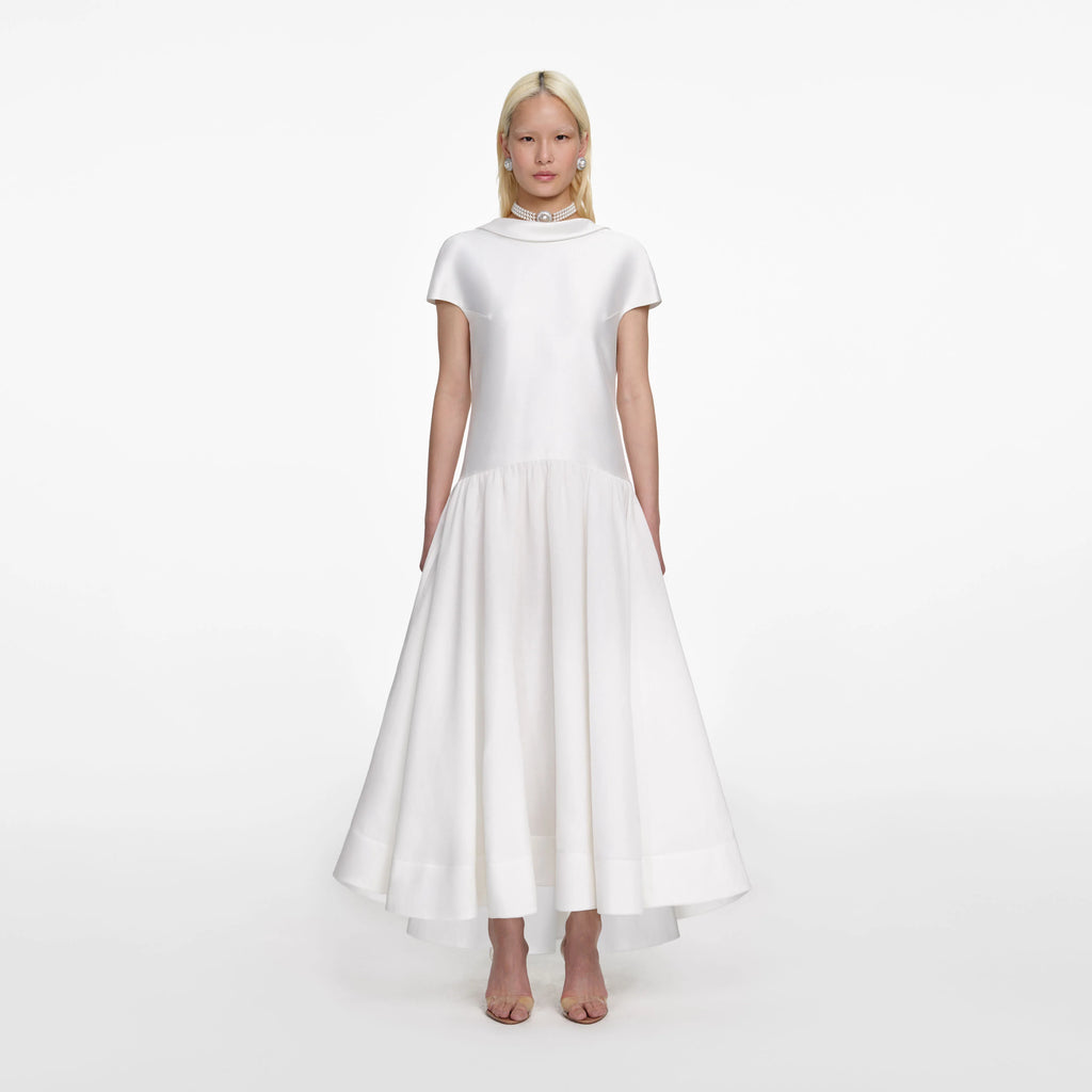 White Satin Ramie Midi Dress