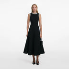 Black Crepe Pearl Trim Midi Dress