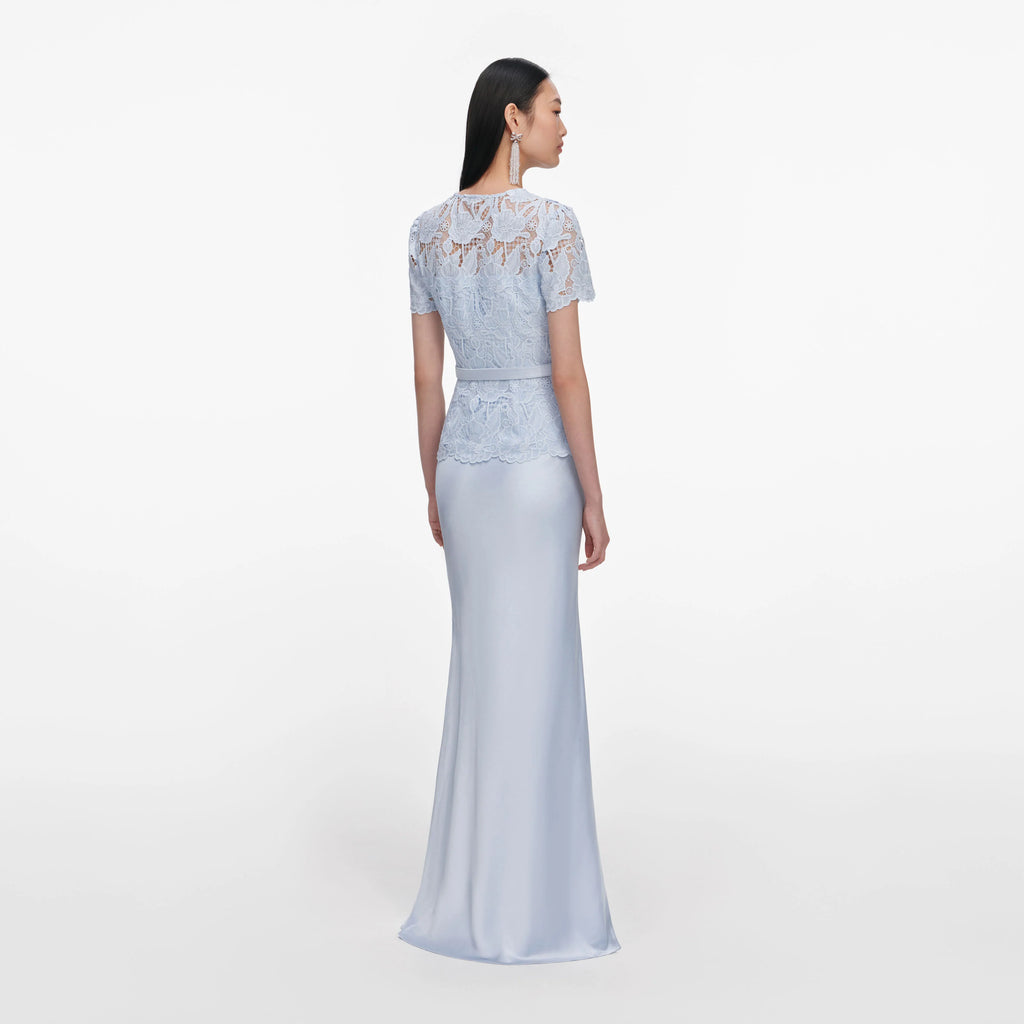 Blue Lace Satin Maxi Dress