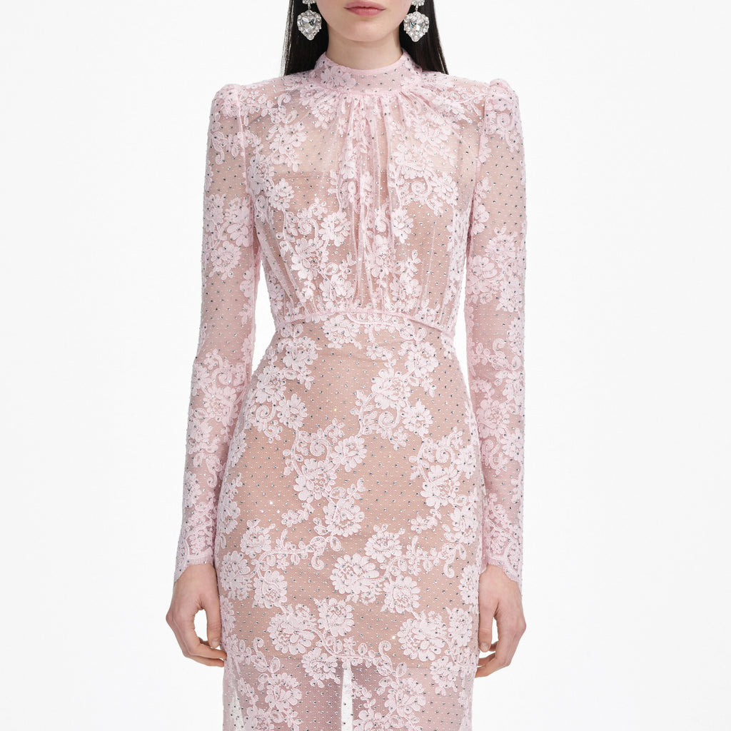 Pale Pink Rhinestone Lace Maxi Dress