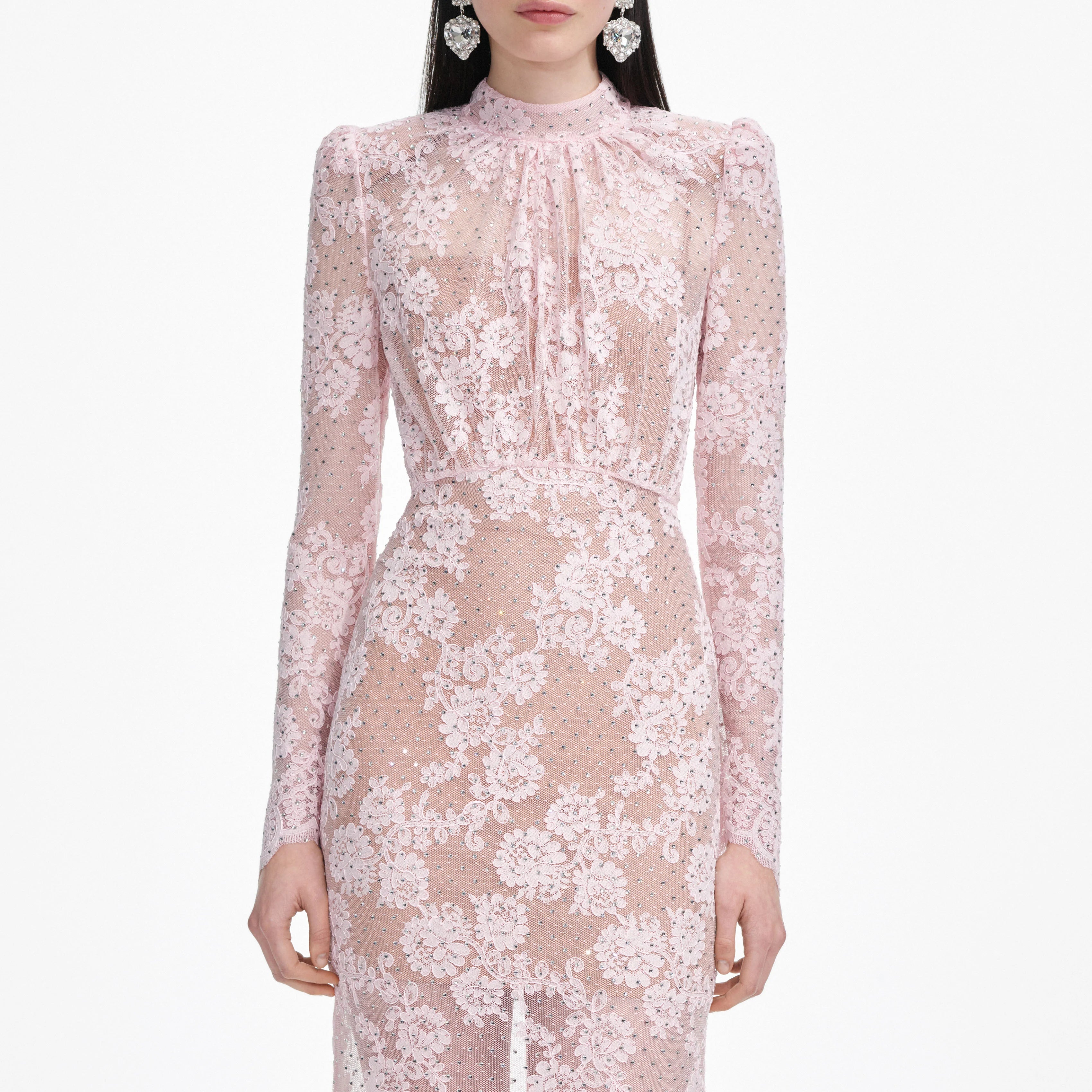 Pale Pink Rhinestone Lace Maxi Dress