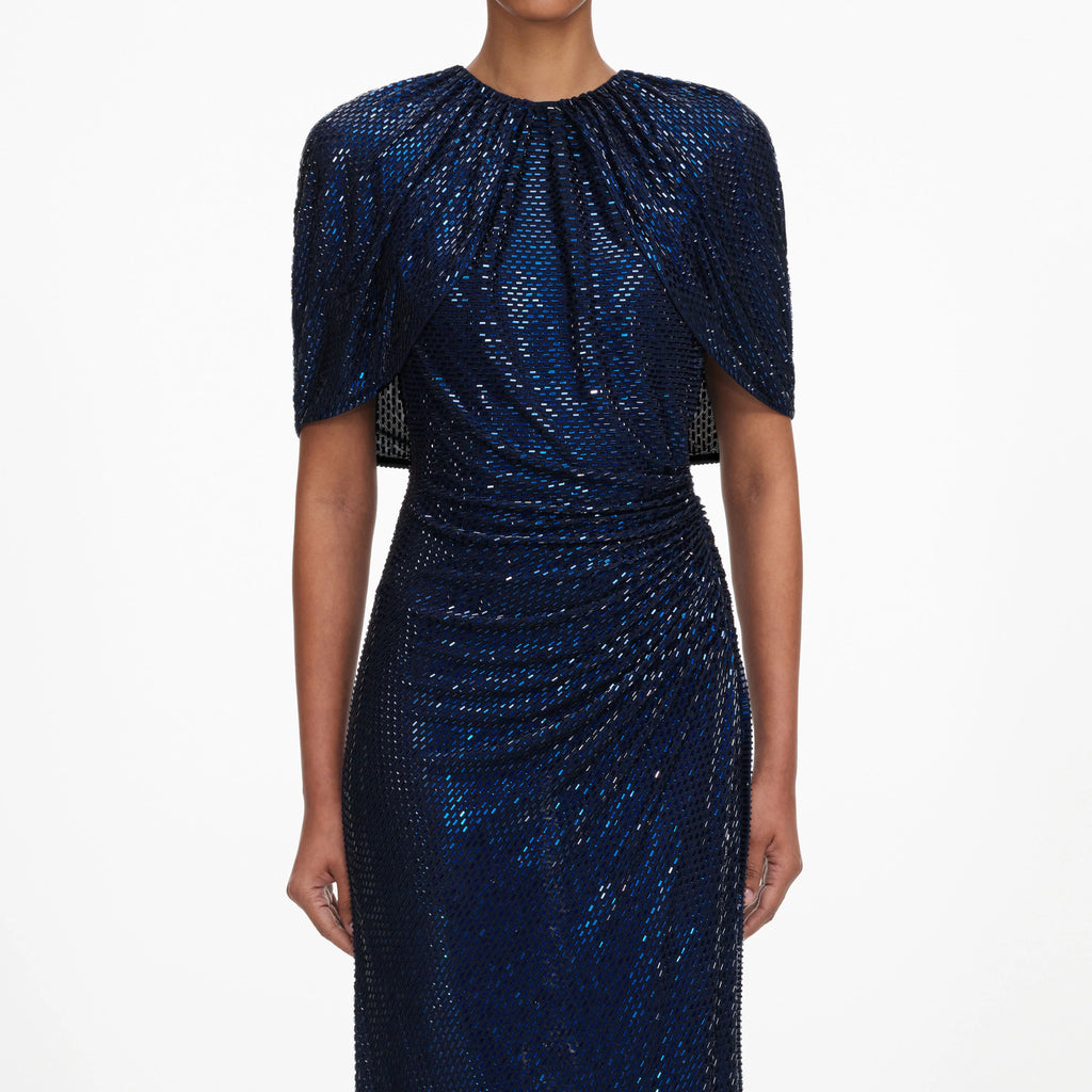 Navy Rhinestone Cape Sleeve Midi Dress