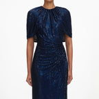 Navy Rhinestone Cape Sleeve Midi Dress