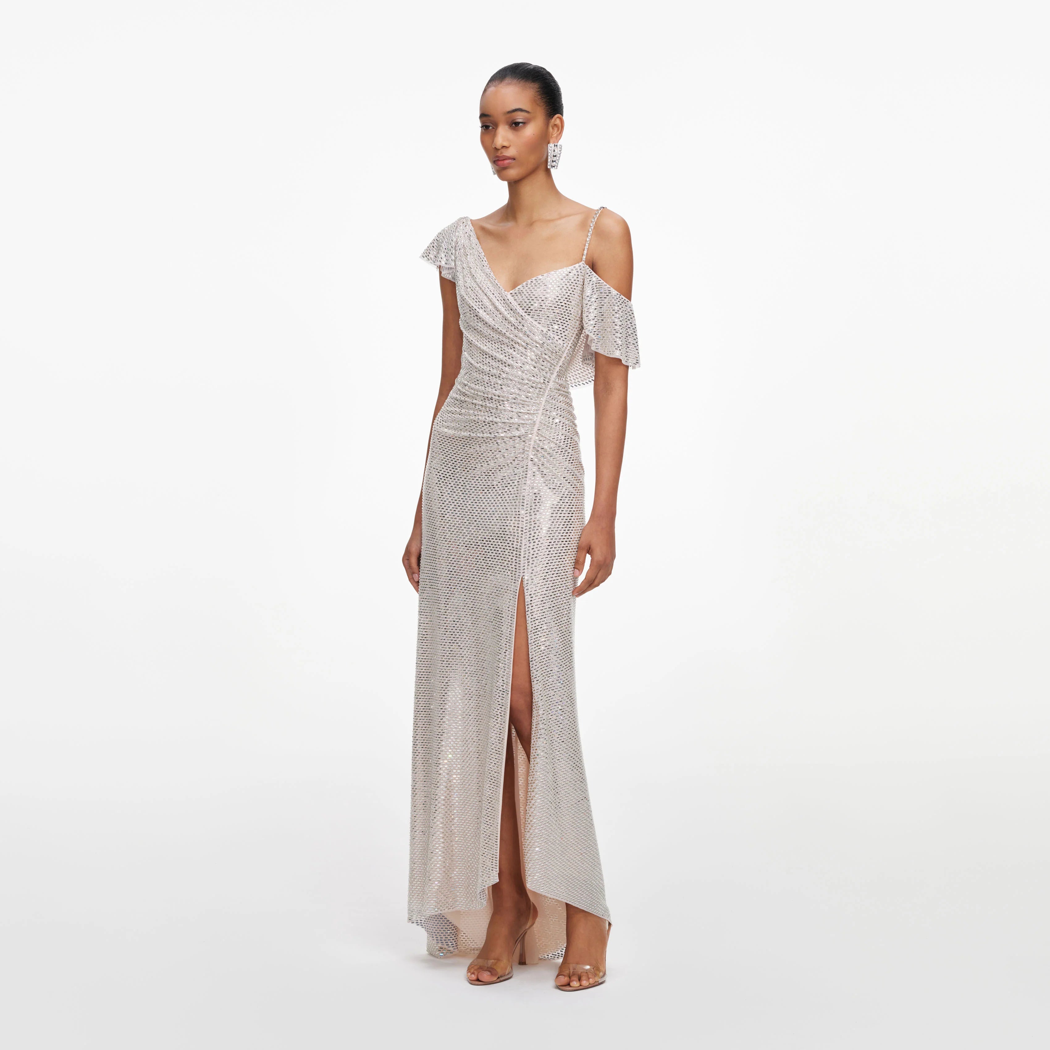 Champagne Rhinestone Ruffle Draped Maxi Dress