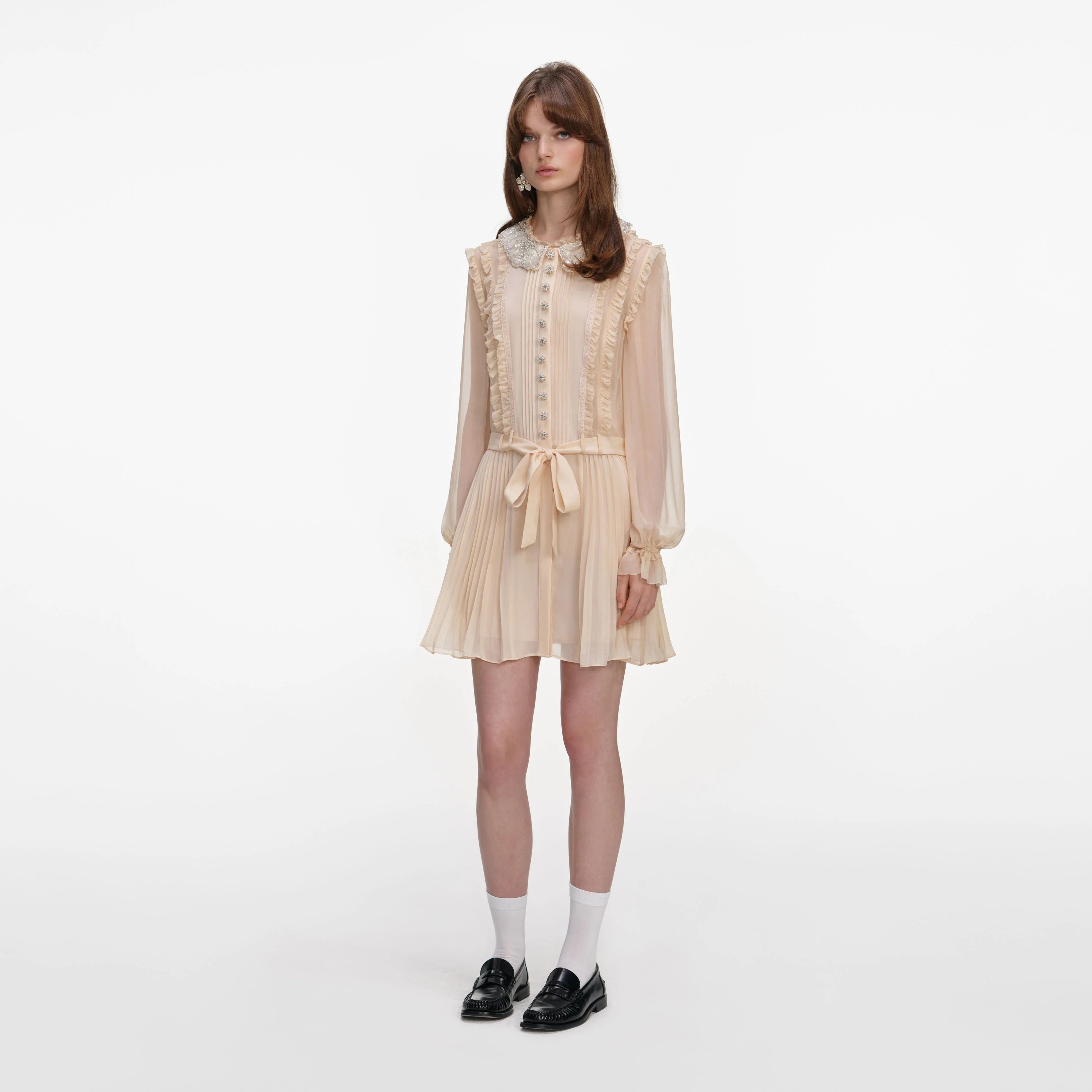 Tan Pleated Georgette Mini Dress