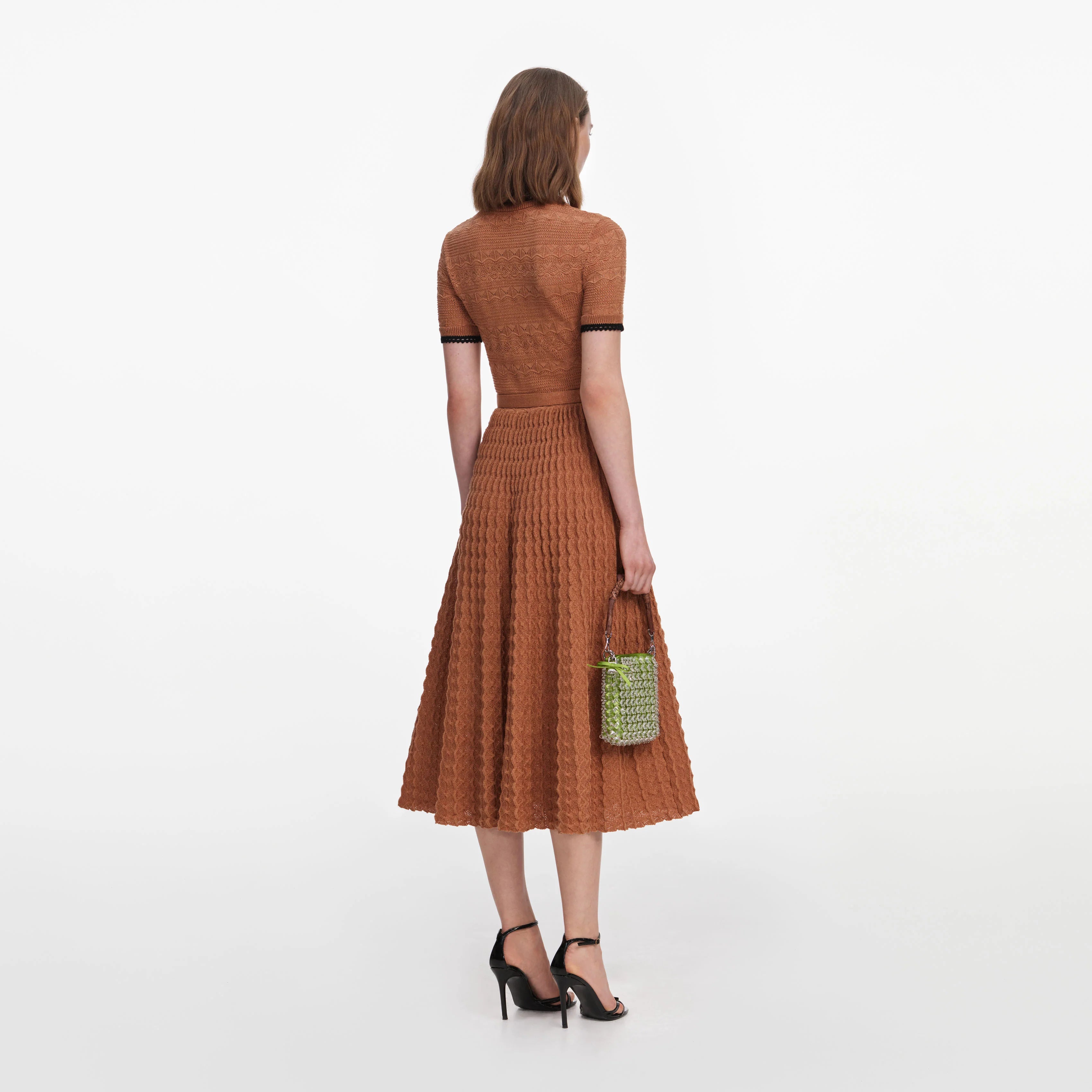 Brown Pointelle Knit Midi Dress