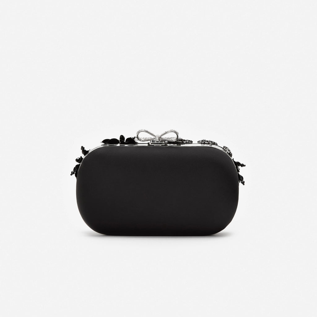 Black Satin Floral Crystal Clutch Bag