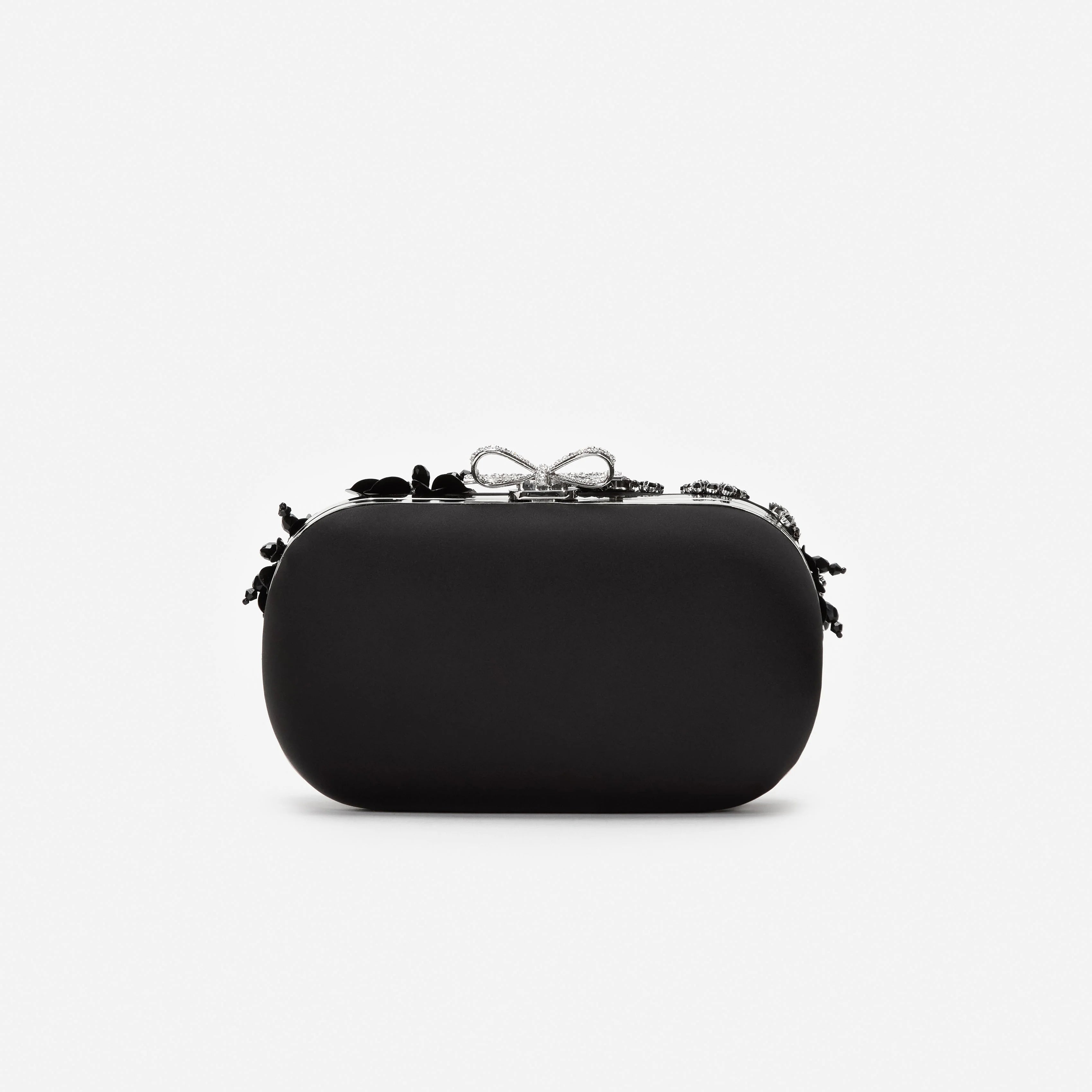 Black Satin Floral Crystal Clutch Bag