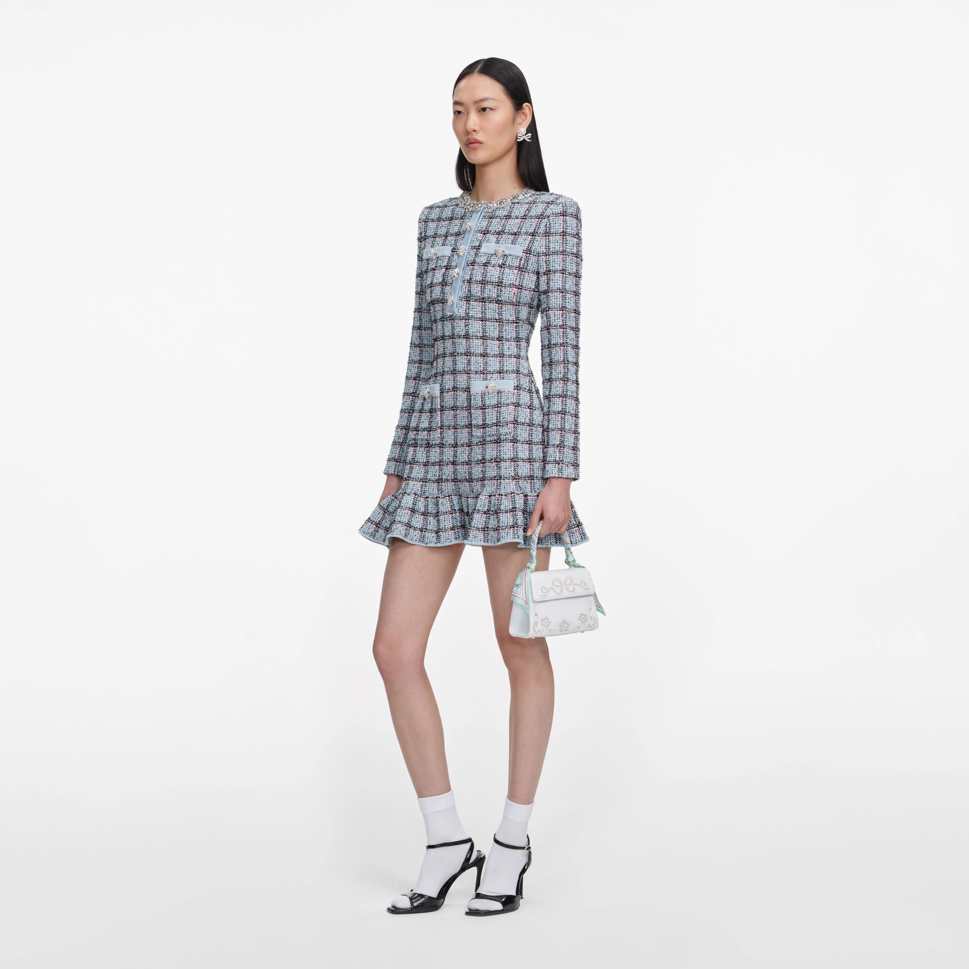 Blue Check Knit Mini Dress