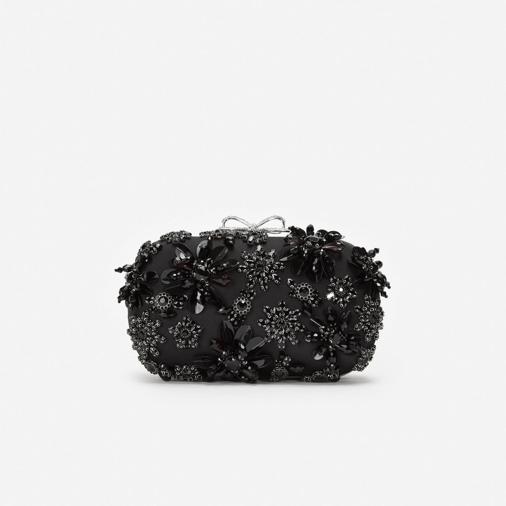 Black Satin Floral Crystal Clutch Bag