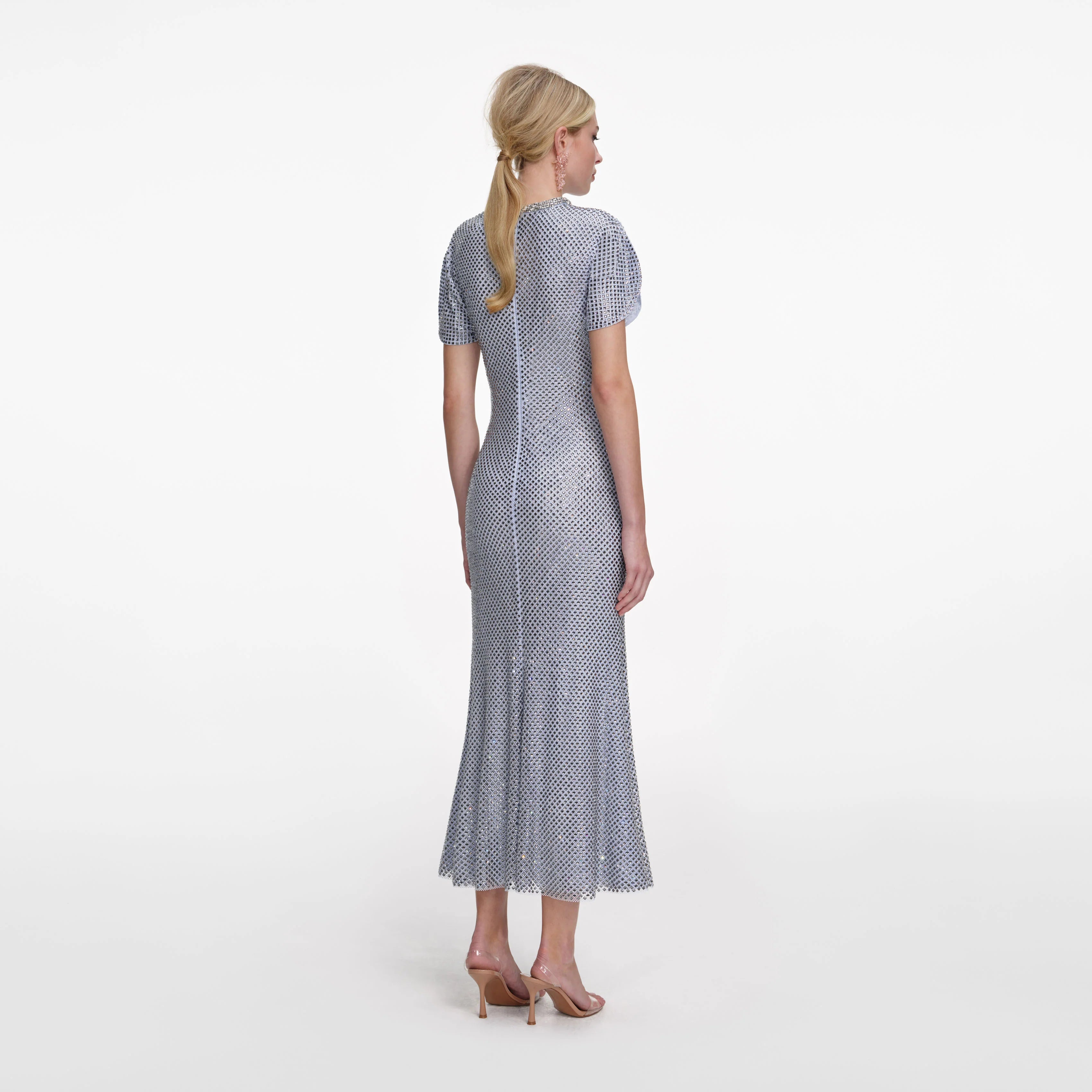 Blue Rhinestone Mesh Midi Dress