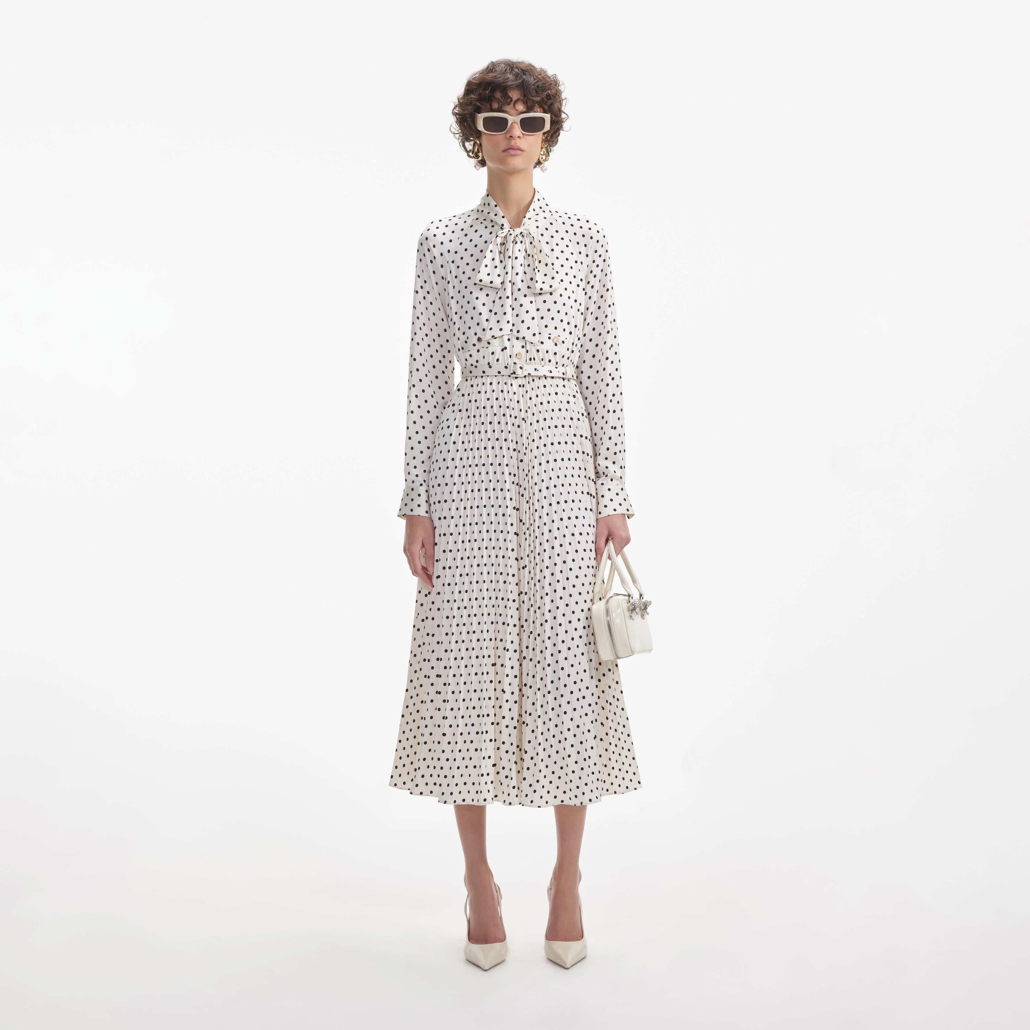 Cream Polka Dot Satin Midi Dress