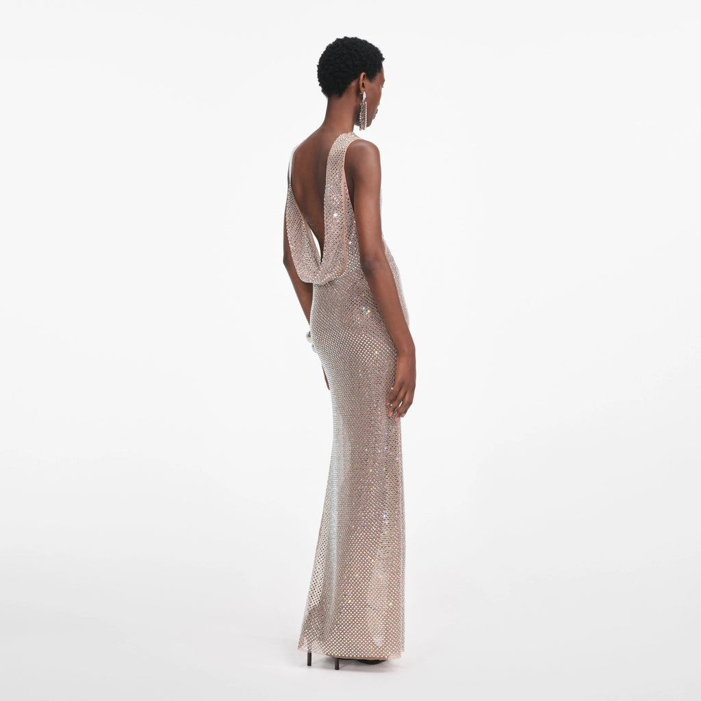 Silver Rhinestone Drape Maxi Dress