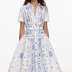 White And Blue Embroidered Midi Dress