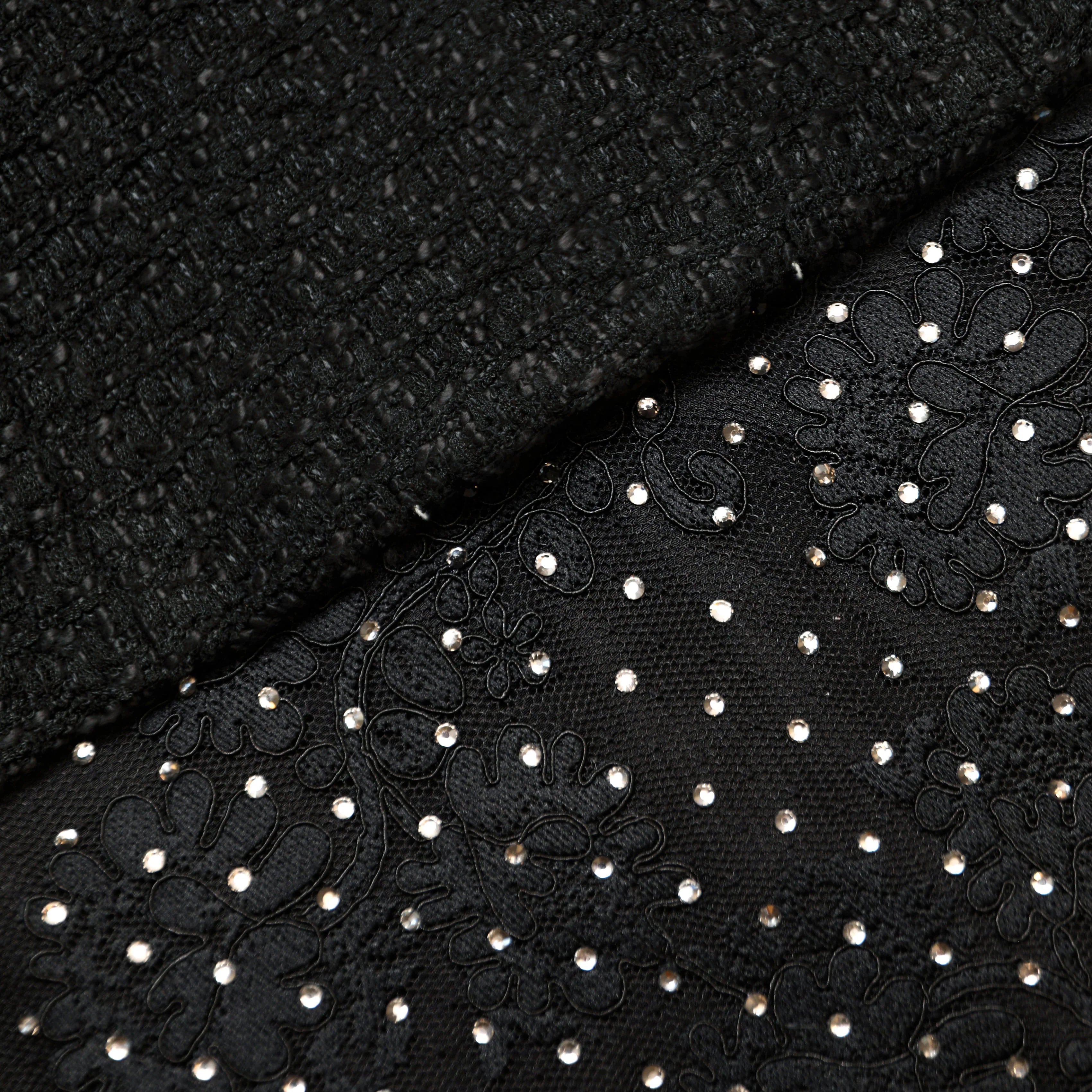 Black Boucle Rhinestone Lace Maxi Dress