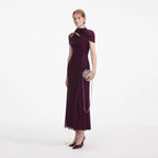 Burgundy Rhinestone Mesh Cut Out Midi Dress