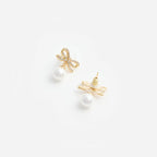 Gold Bow Pearl Earrings