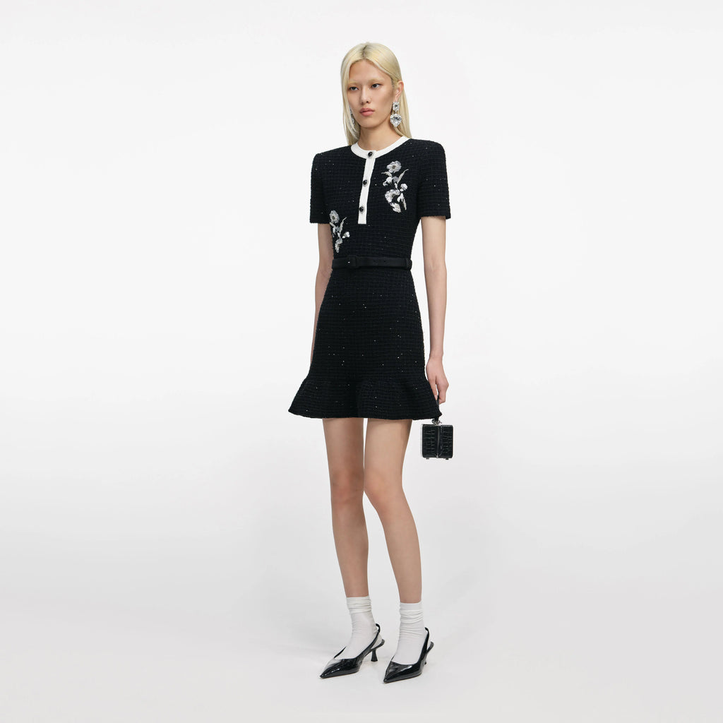 Black Floral Textured Knit Mini Dress