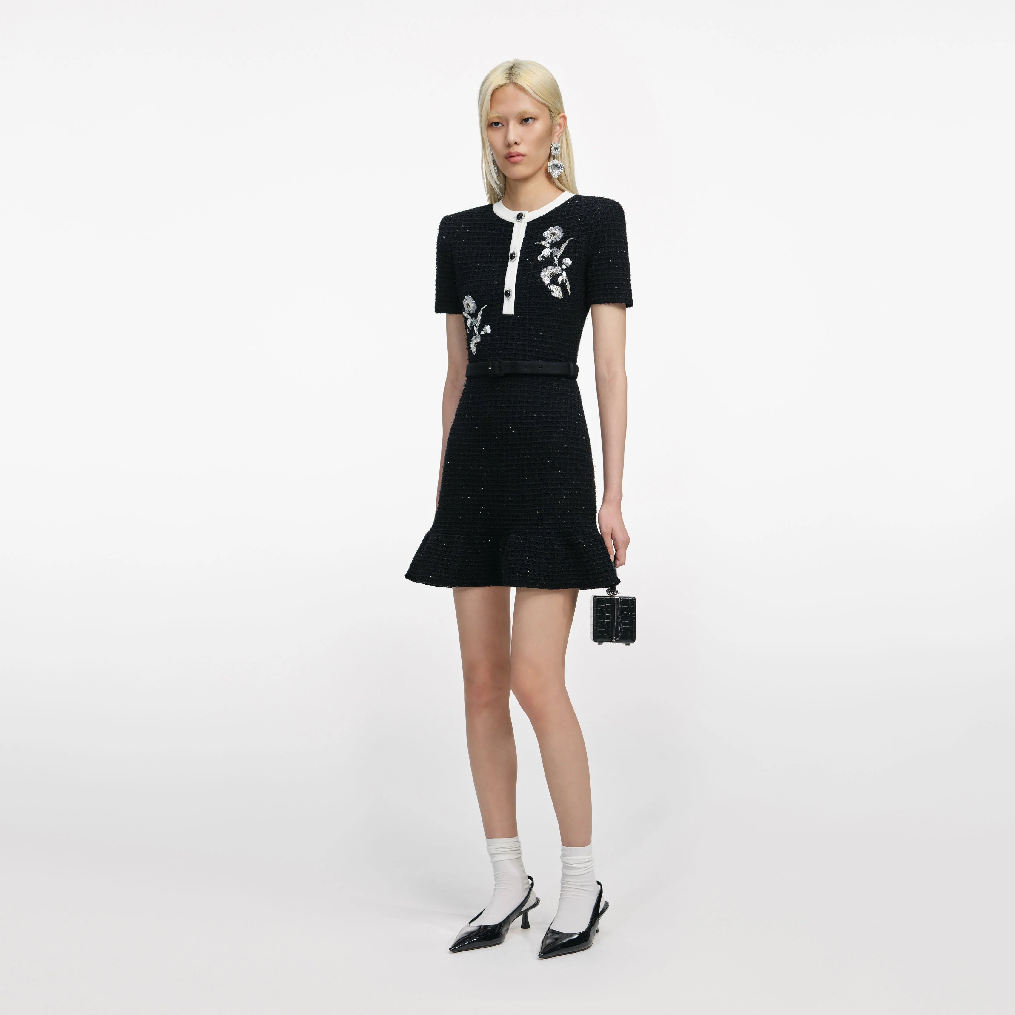Black Floral Textured Knit Mini Dress