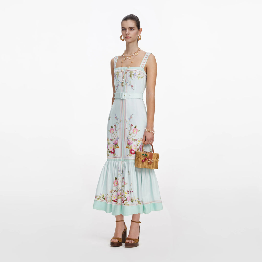 Mint Floral Linen Midi Dress