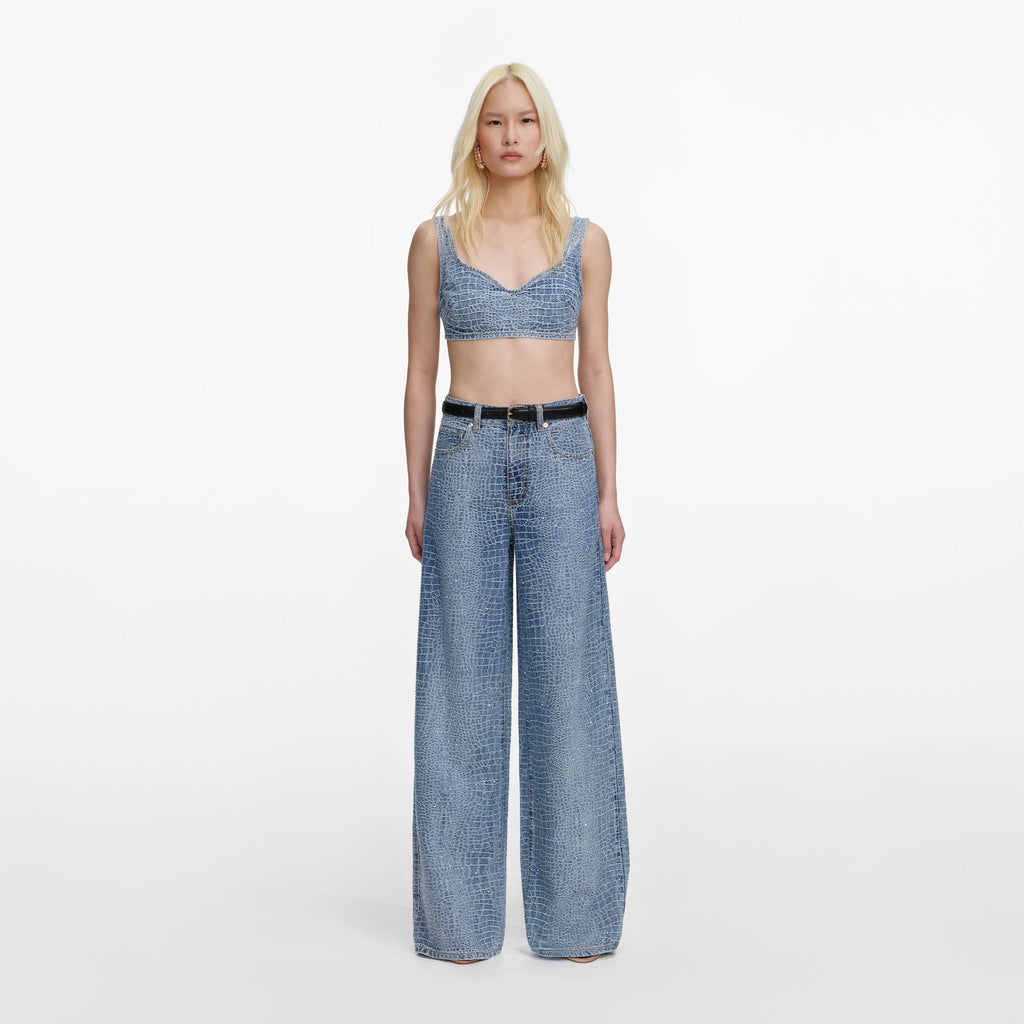 Rhinestone Croc Effect Denim Bralette