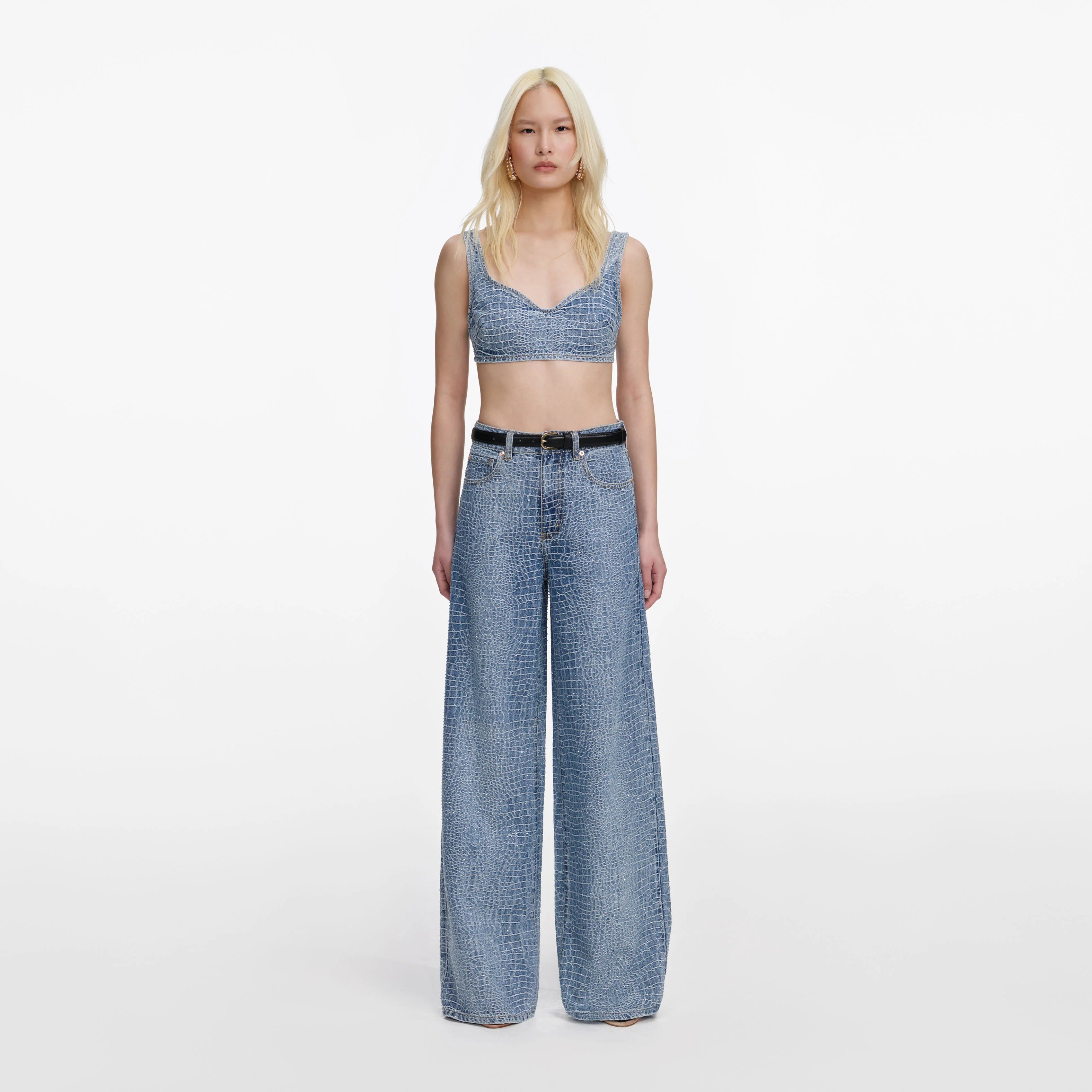 Rhinestone Croc Effect Denim Bralette