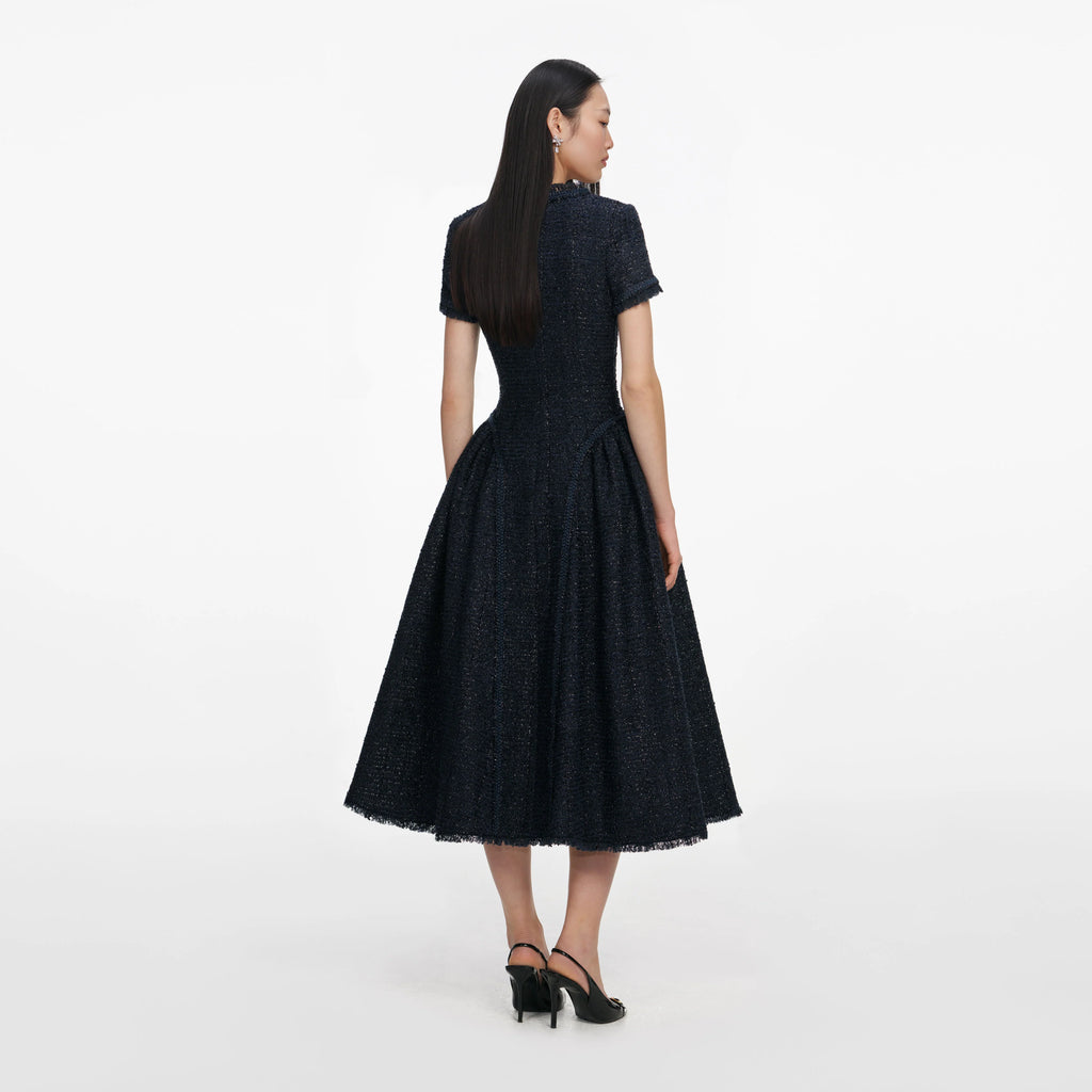 Navy Metallic Boucle Midi Dress